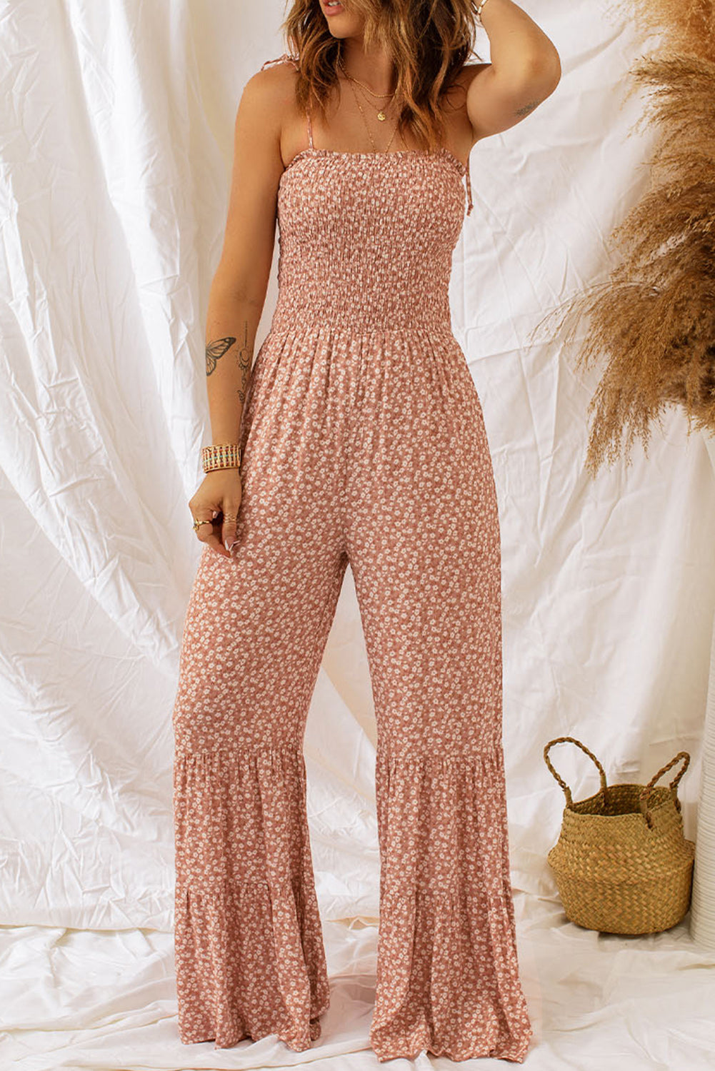 Khaki Strapped Smocked Floral Jumpsuit