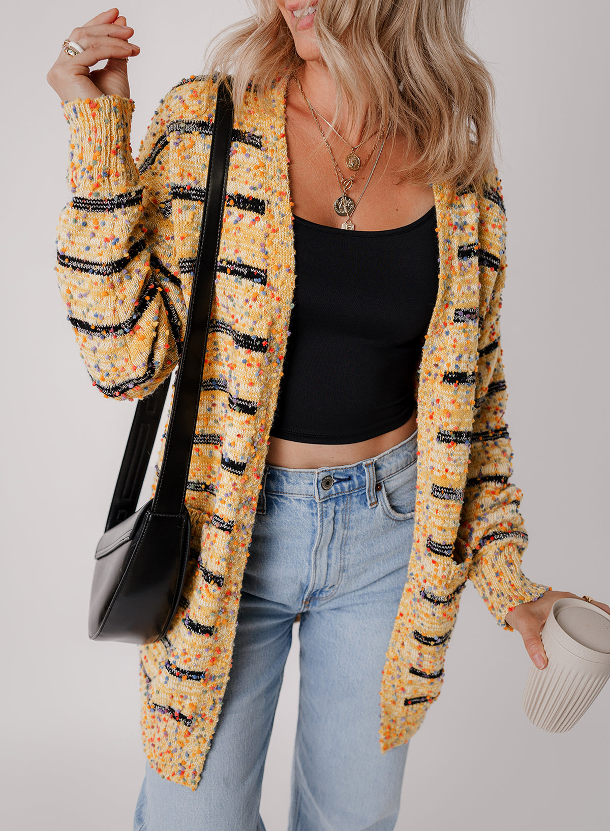 Multicolored Striped Pom Pom Knit Long Cardigan