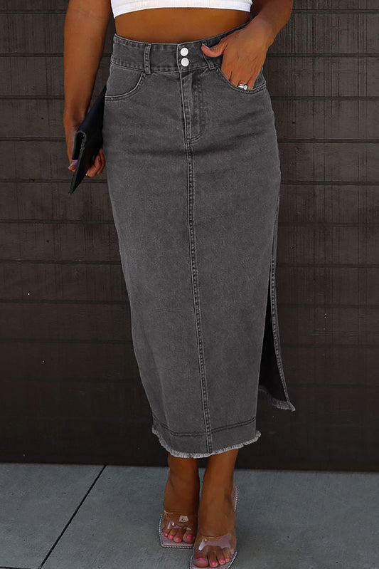 Black Raw Edge Midi Denim Skirt