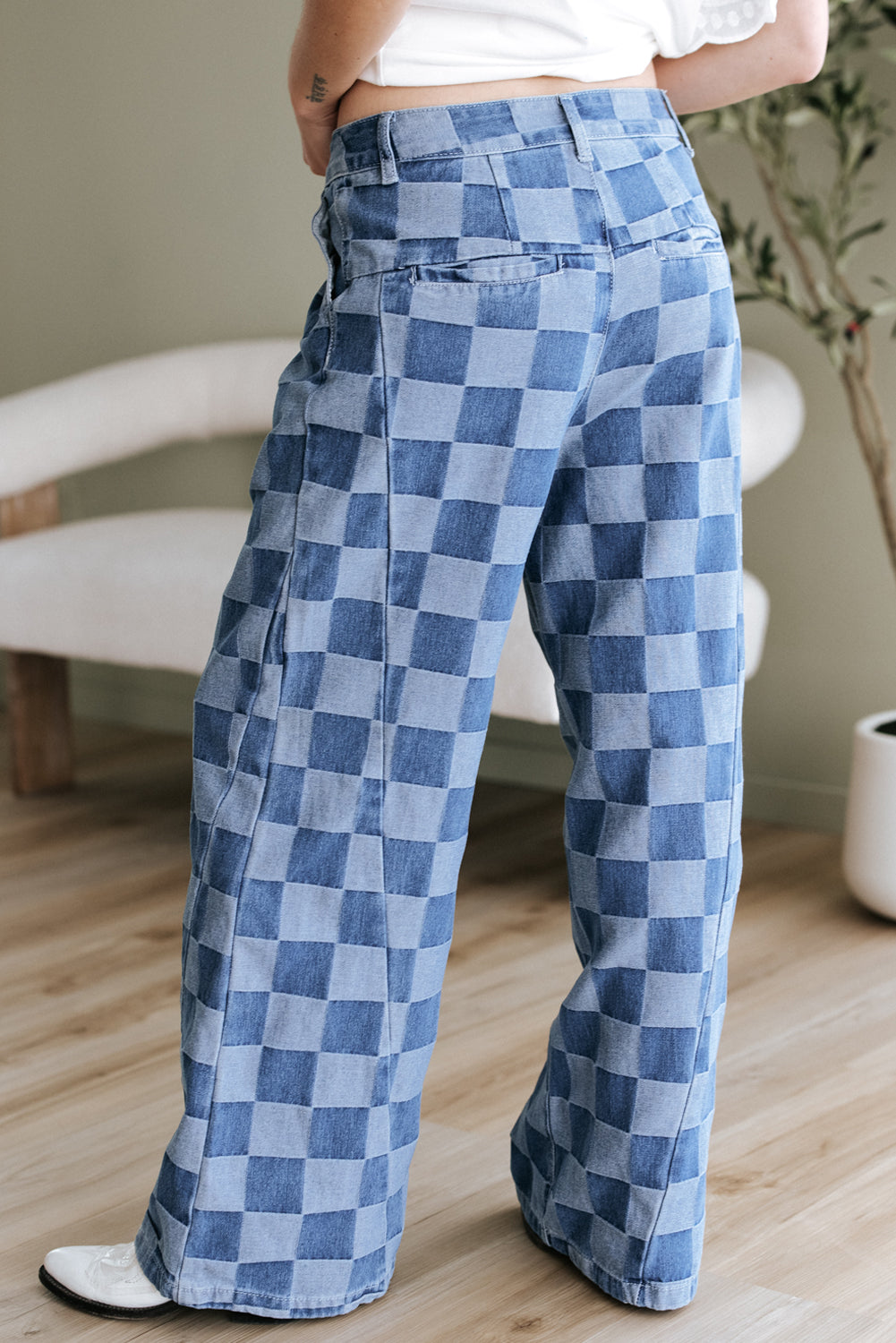 Retro Inspired Checkered Denim Wide Leg Jeans