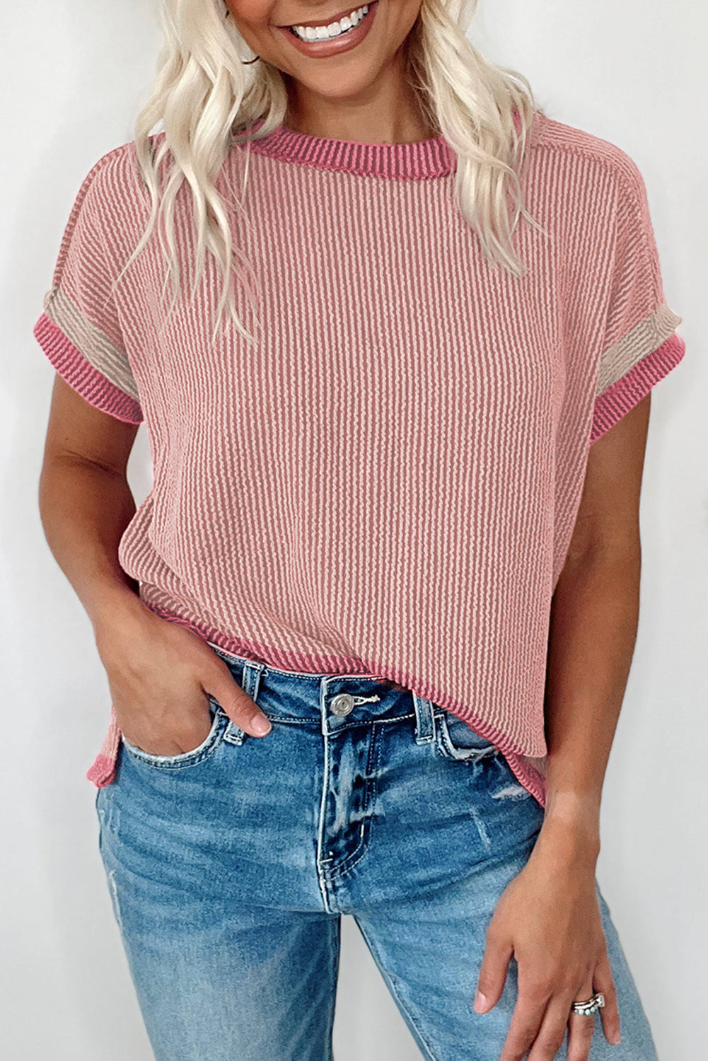 Summer Pink Textured Round Neck Versatile Tee