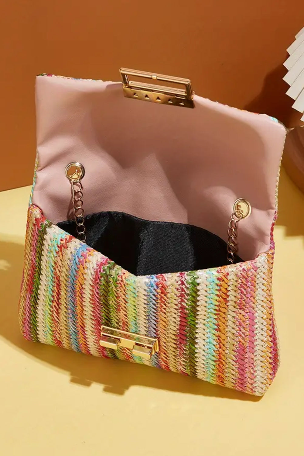 Striped Pink Bohemian Woven Gold Chain Shoulder Bag