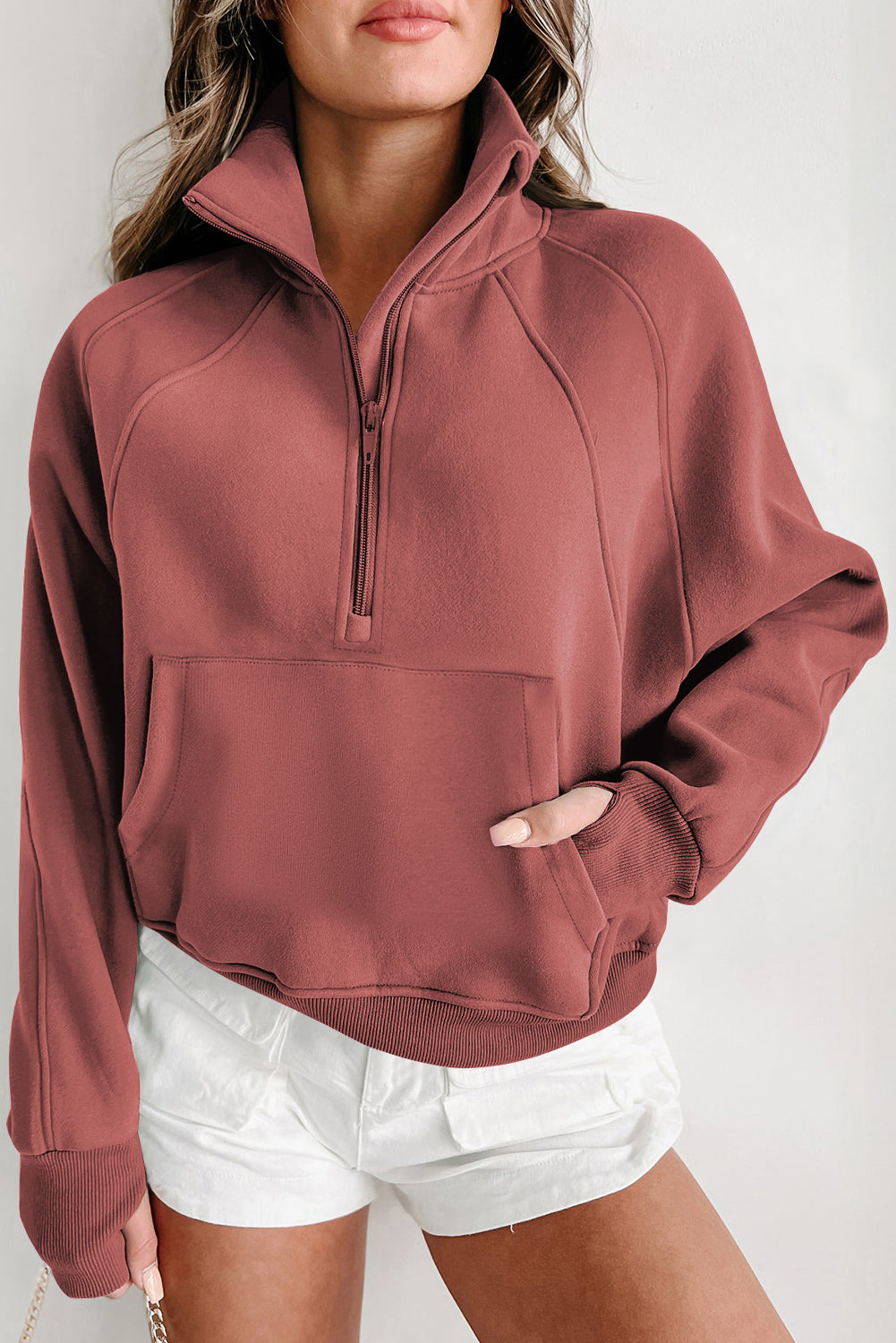 Standing Collar Thumbhole Long Sleeve Zip Up Sweater