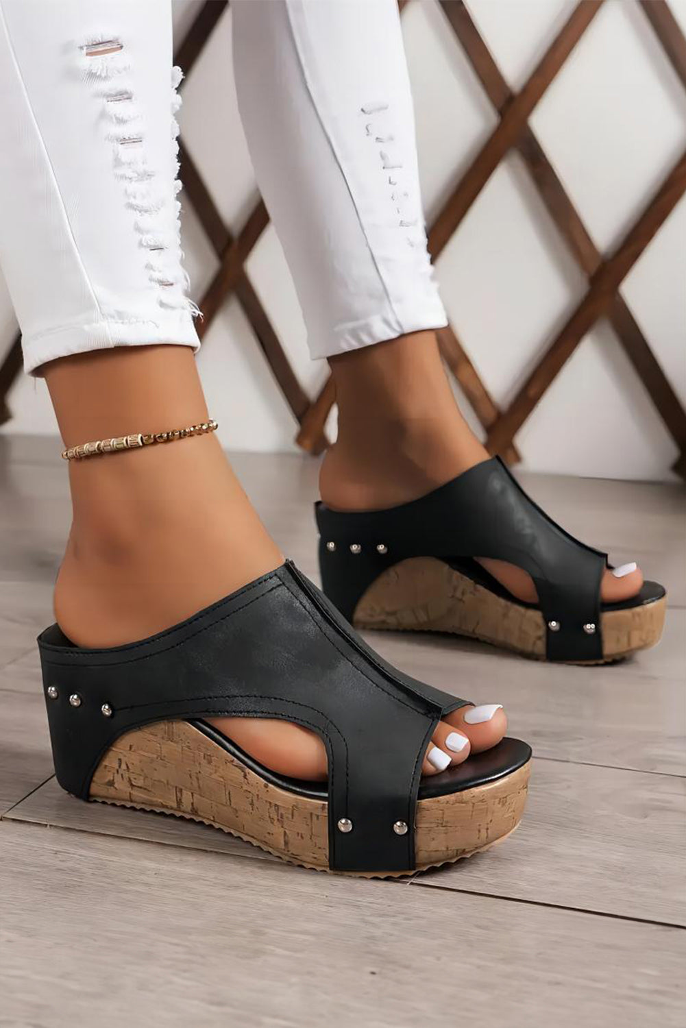 Sleek Hollow Out Studded Wedge Slippers