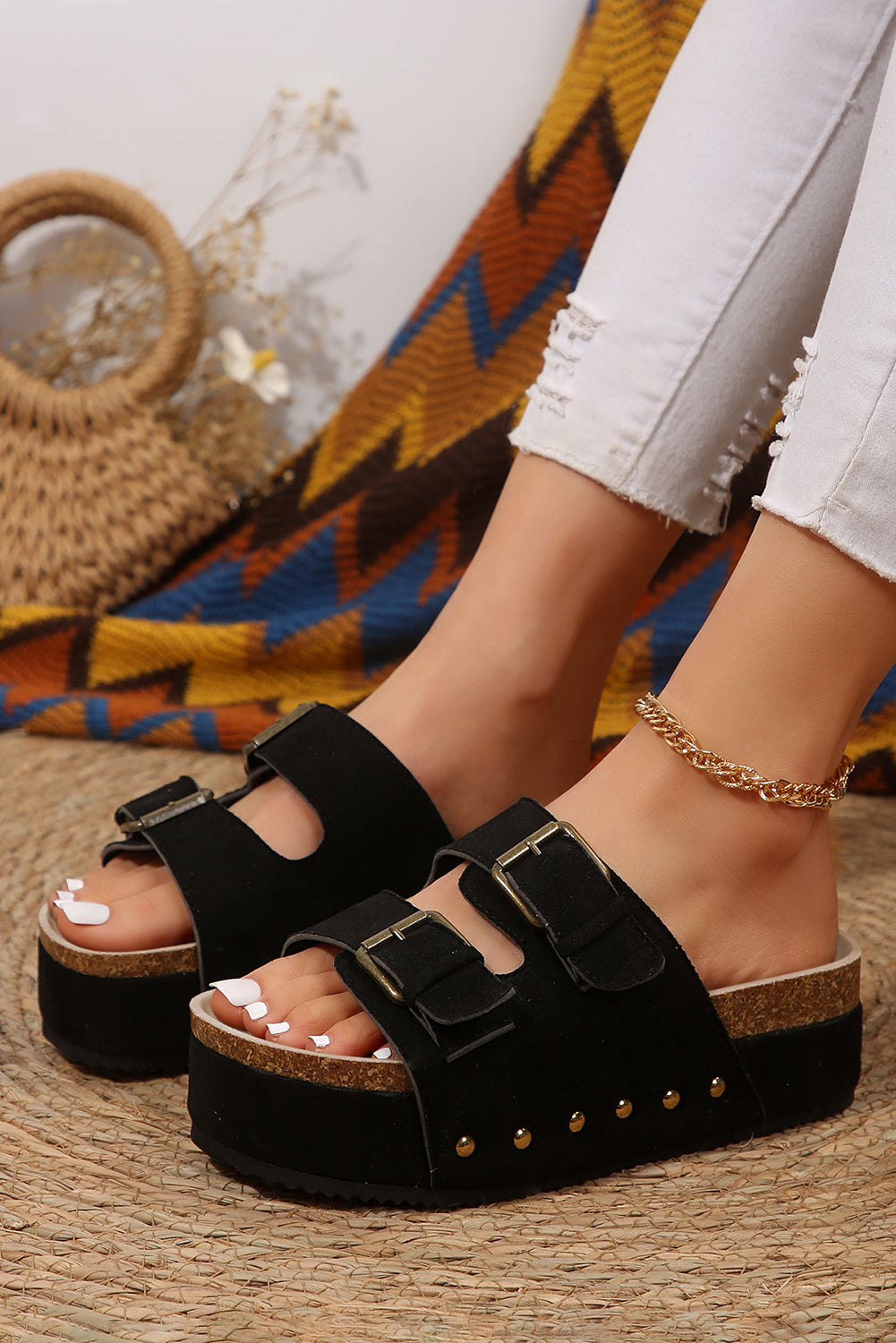 Black Suede Buckle Footbed Sandal