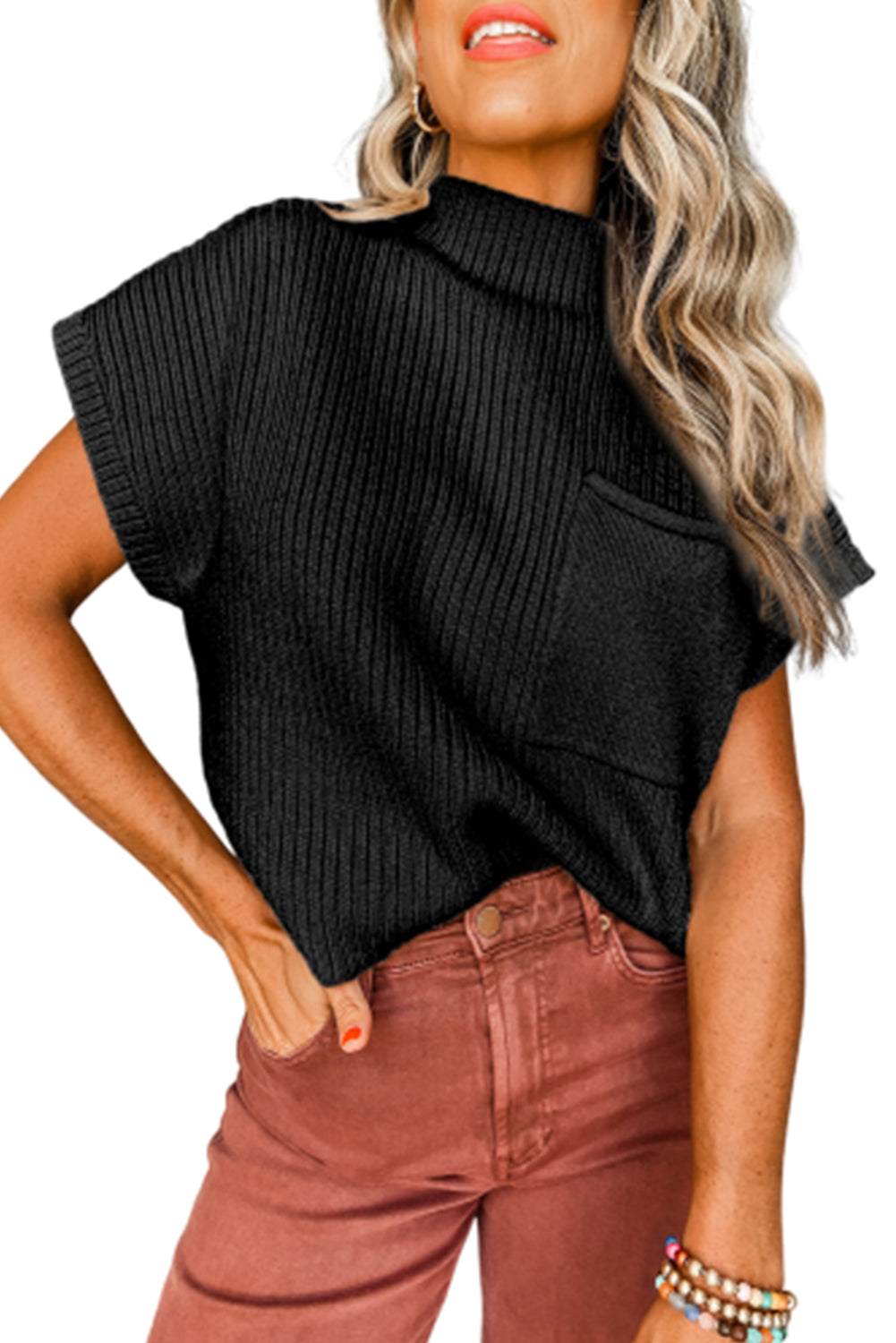 Black Patch Pocket Short Sleeve Sweater