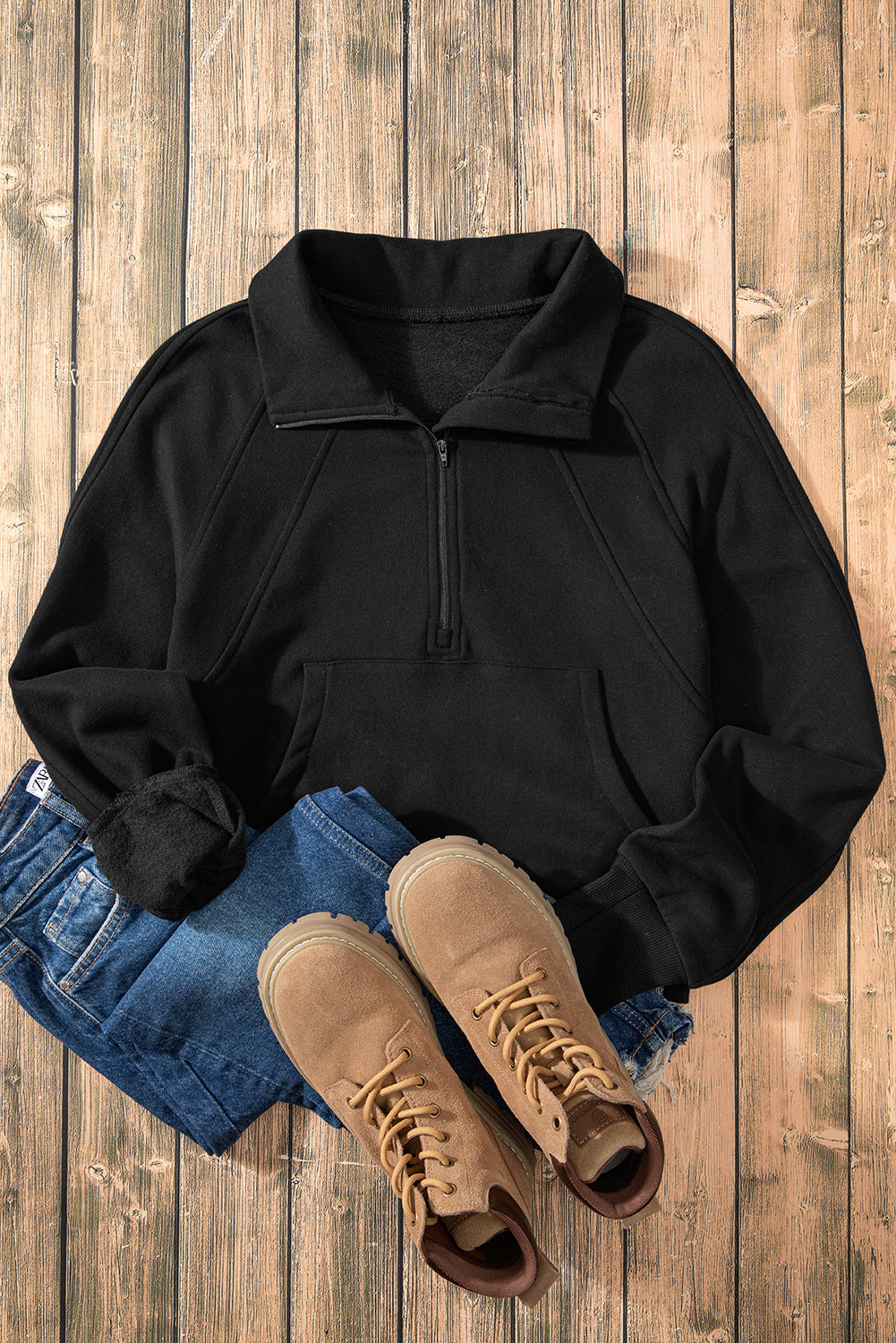 Standing Collar Thumbhole Long Sleeve Zip Up Sweater