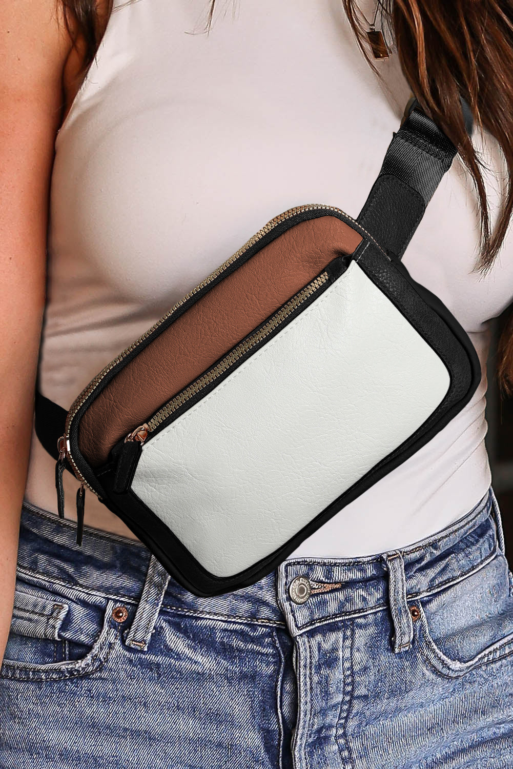 White Leather Colorblock Zipper Crossbody Bag w/ Removable Clip