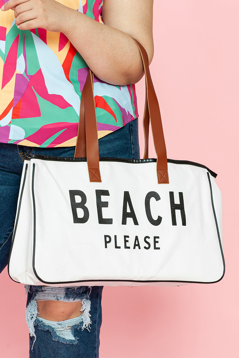 BEACH PLEASE Print Large Canvas Tote Bag