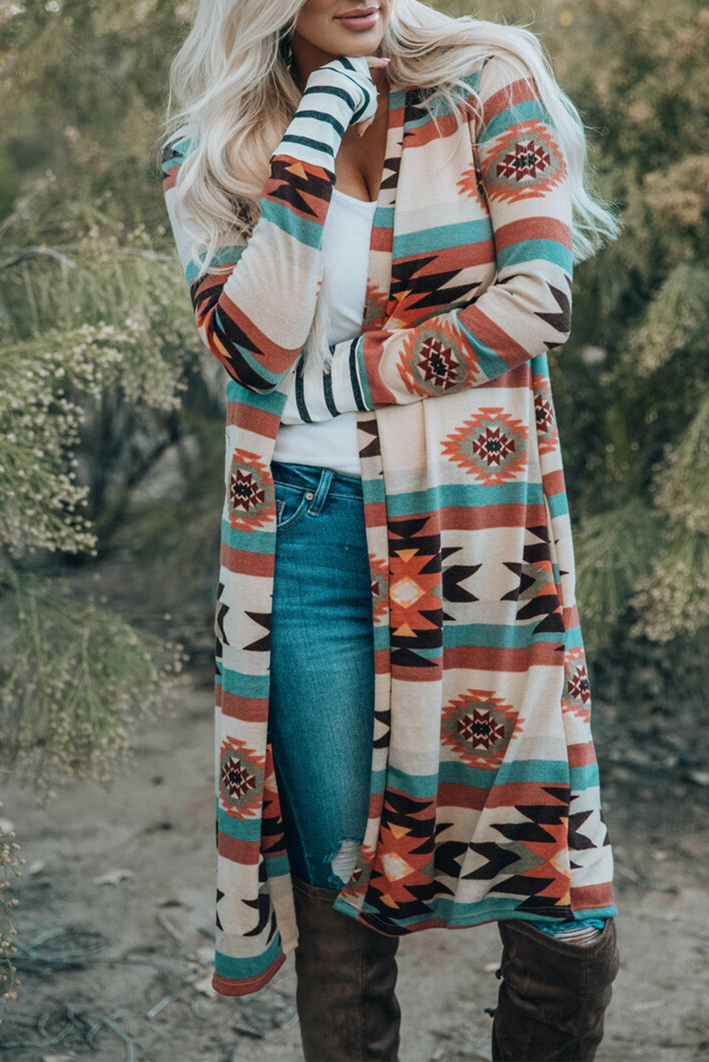 Aztec Geometric Open Front Long Cardigan