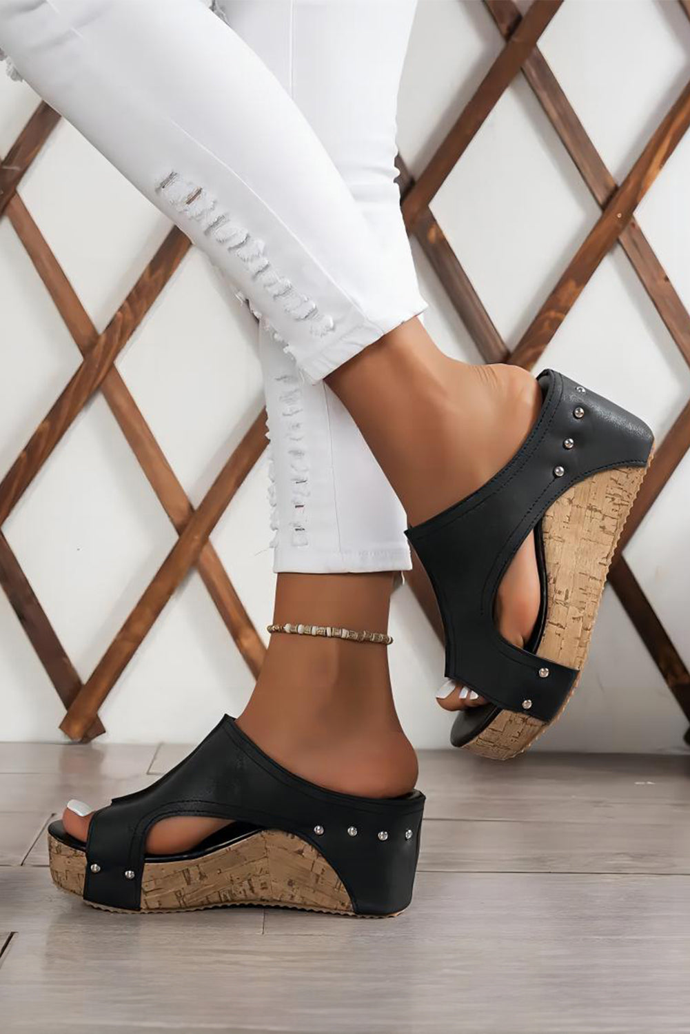 Sleek Hollow Out Studded Wedge Slippers