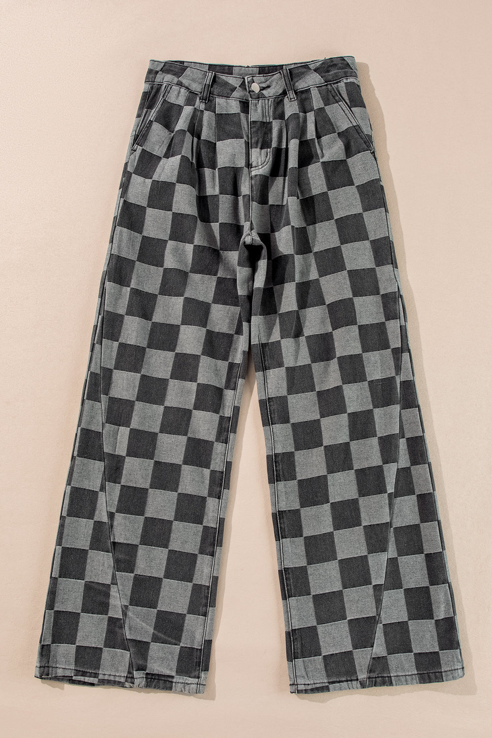 Dark Grey Retro Inspired Checkered Denim Wide Leg Jeans