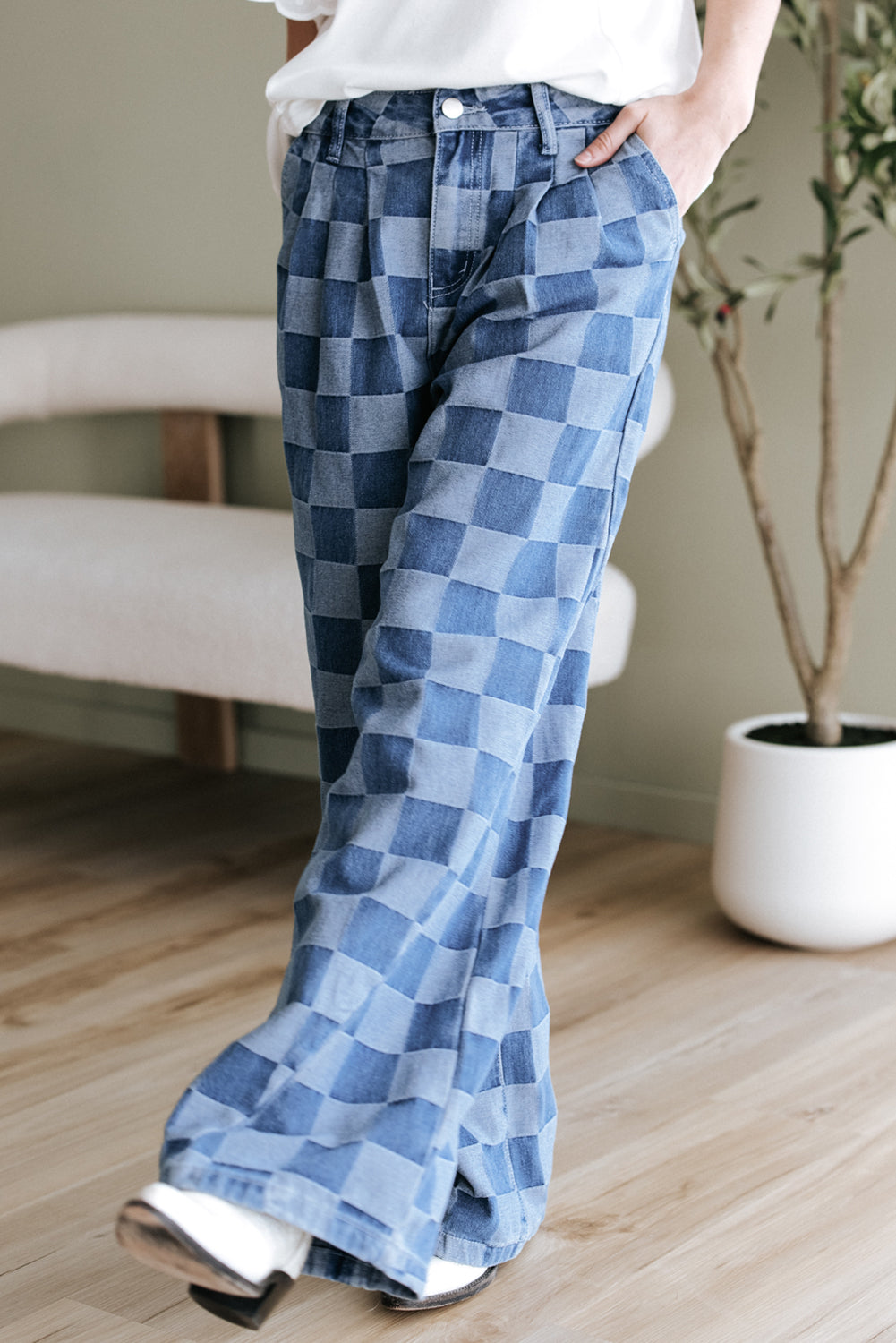 Retro Inspired Checkered Denim Wide Leg Jeans