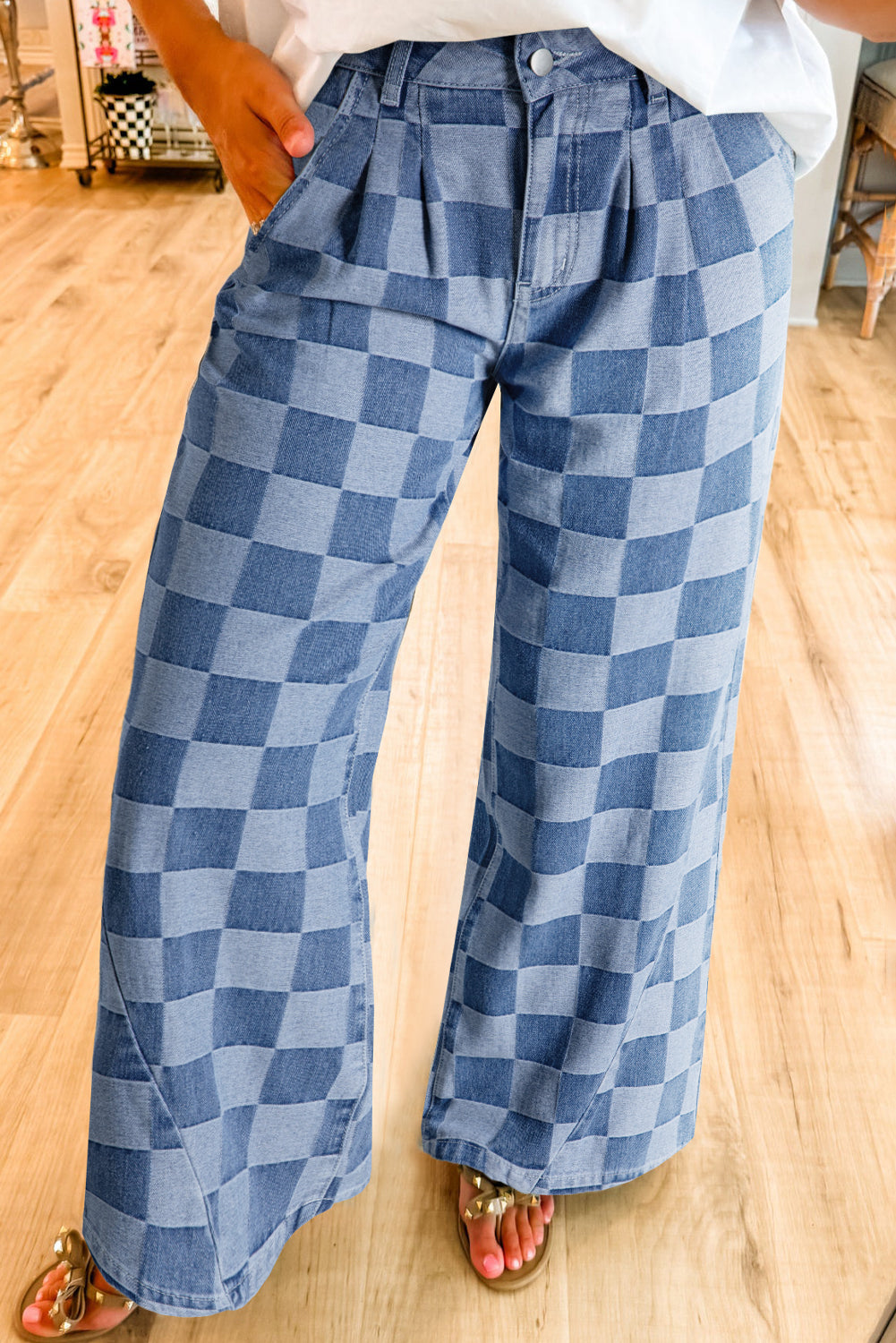 Retro Inspired Checkered Denim Wide Leg Jeans