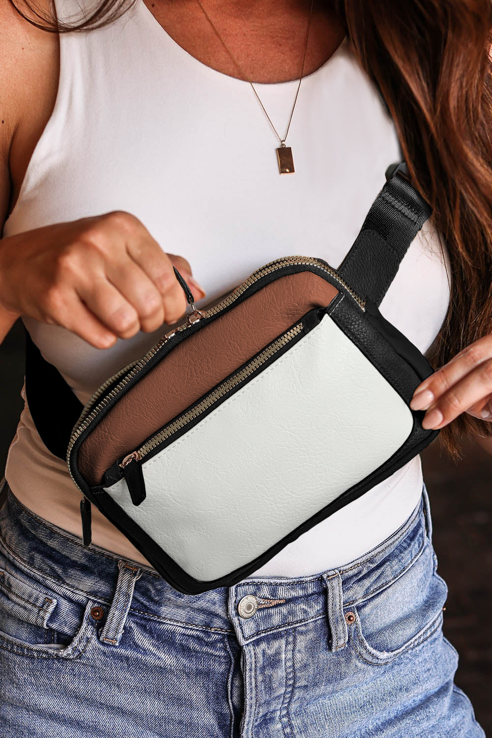 White Leather Colorblock Zipper Crossbody Bag w/ Removable Clip