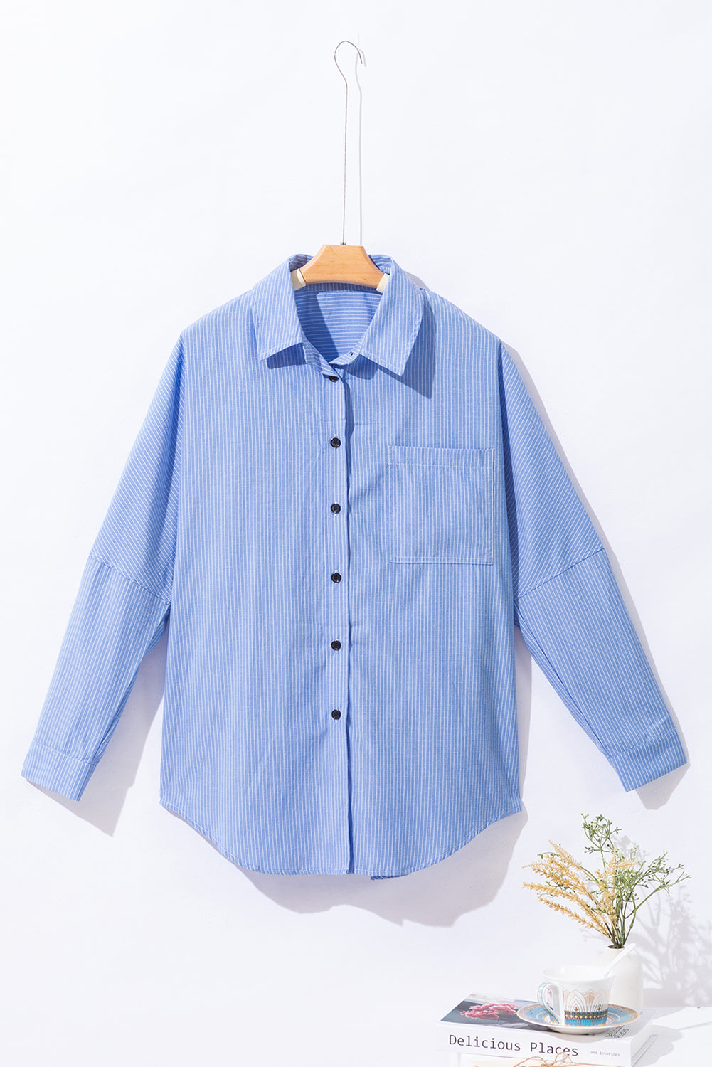 Sky Blue Stripe Roll-tab Sleeve Pocketed Oversized Shirt